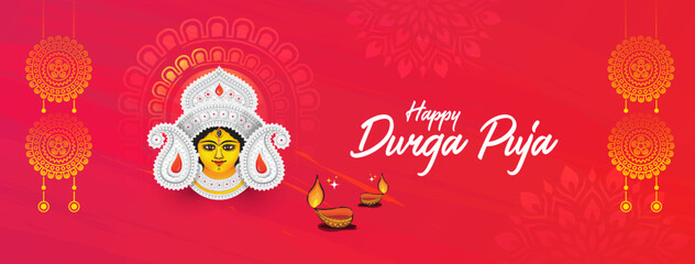 Happy Durga Puja Festival Celebration Banner Background Template Design with Goddess Durga Face Illustration - obrazy, fototapety, plakaty