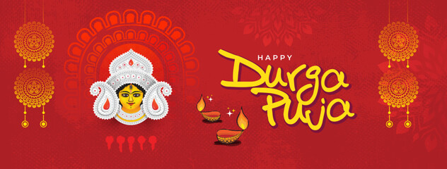 Happy Durga Puja Festival Celebration Banner Background Template Design with Goddess Durga Face Illustration