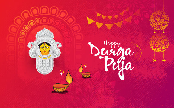 Durga Puja Festival Background Design with Goddess Durga Face Illustration