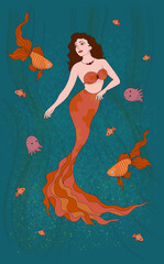 Illustration of a mermaid girl with brown hair and an orange tail. Around the sea with algae. And also sea inhabitants, jellyfish, fish.