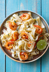 Pasta fettuccine in a creamy sauce with shrimp, lime and sage. Italian food.