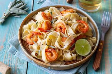 Pasta fettuccine in a creamy sauce with shrimp, lime and sage. Italian food.