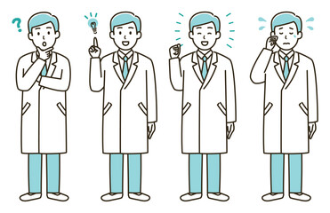 白衣を着た男性の表情バリエーションのイラストセット②（水色バージョン）