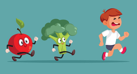 Funny Child Running Away from Healthy Vegetables and Fruits Vector Cartoon. Little boy refusing to eat healthy nutritious balanced meals
