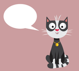 Cute Black and White Cat with Speech Bubble Vector Cartoon Illustration. Smart kitty with empty copy space dialogue box
