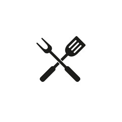 BBQ or grill tools icon. Barbecue fork and spatula cross. Vector black glyph icon isolated on white background.
