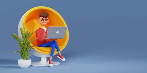 The concept of distance work, study and communication in comfortable conditions at home. Cartoon character sits is resting in a chair and watching a video on a laptop. 3d illustration.