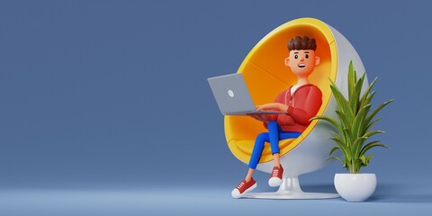 The concept of distance work, study and communication in comfortable conditions at home. Cartoon character sits is resting in a chair and watching a video on a laptop. 3d illustration.