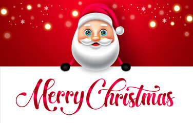 Christmas greeting vector template design. Merry christmas text in white empty space with cute santa claus character in background for xmas holiday season greeting card. Vector illustration. 
