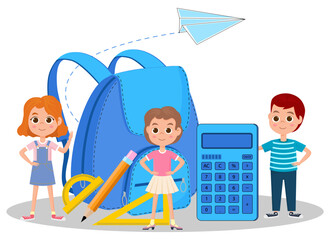 Back to school.Children are getting ready to go to school and are standing near a large briefcase and a calculator.Vector illustration.