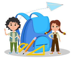 Back to school.Children are getting ready to go to school and are standing near a large briefcase.Vector illustration.