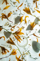 Coffee cups shards with yellow flowers, floral composition with delicate chiffon drapery