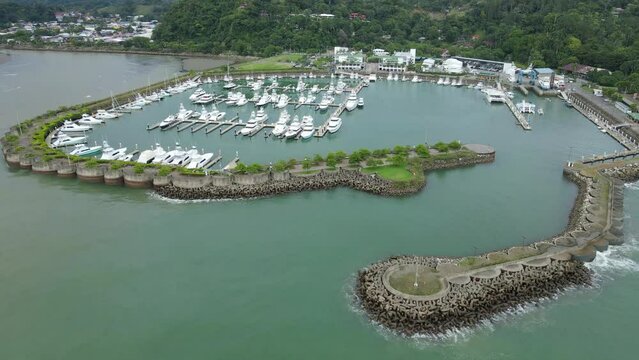 aerial drone view of Orbit in Pez Vela marine, Quepos, Costa Rica. 4K video.