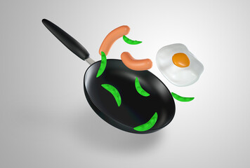 Fried egg sausage and green peas flying above yellow frying pan, 3D rendering Image.	