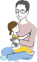 線画カラーイラスト 娘を抱っこする父親