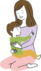 線画カラーイラスト 母親に抱っこしてもらう男の子