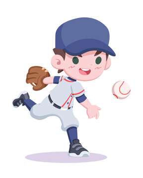 Cute style baseball player throwing ball cartoon illustration
