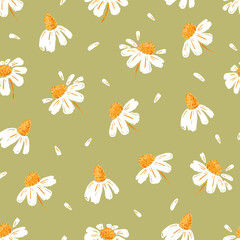 Obraz premium Daisies and petals seamless pattern. Chamomile flowers. Ideal for printing on fabric and paper. Vector background. 