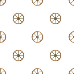 Watercolor seamless pattern wooden wheels. Wild West pattern