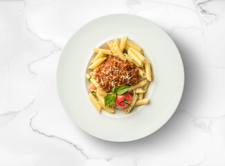 Pasta with meat, on a white background, food photography.
