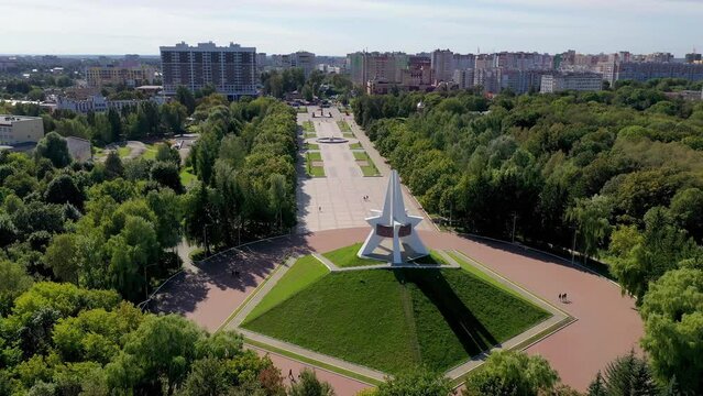 Drone footage of Immortality Mound (Great Patriotic War memorial) on sunny summer day. Bryansk, Bryansk Oblast, Russia.