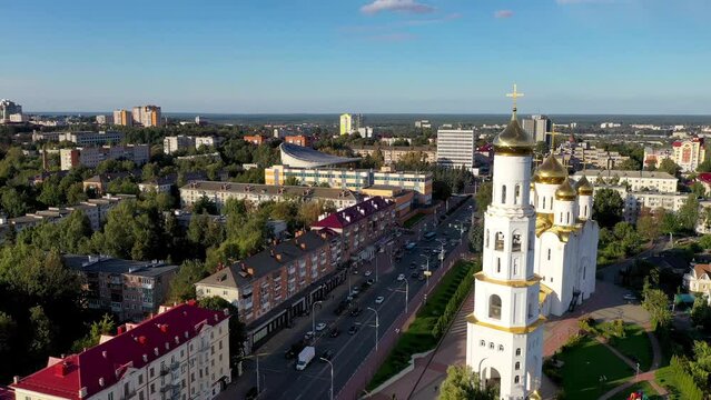 Tilt down aerial shot of Troitsky cathedral on sunny summer day. Bryansk, Russia