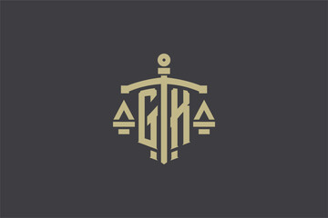 Letter GK logo for law office and attorney with creative scale and sword icon design