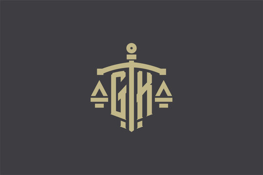 Letter GK logo for law office and attorney with creative scale and sword icon design