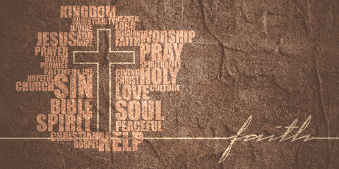 Obraz premium Christianity concept illustration. Crosses and relative words colud. Thin line style