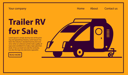 Rv camper trailer purchase.Truck camper sale.Travel trailers.Motorhome caravan car.Website banner concept.Line art vector illustration.
