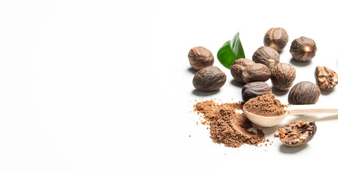 Concept of spices and condiments, nutmegs, space for text