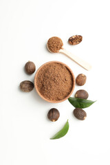 Concept of spices and condiments, nutmegs, top view