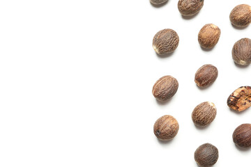 Concept of spices and condiments, nutmegs, space for text