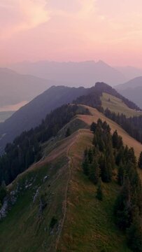 Vertical aerial footage of the Swiss alps slopes and river during sunset