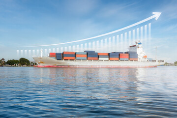 Cargo ship, cargo container at dock, port or harbour. Freight transport with up arrow, increase...