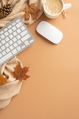 Autumn business concept. Top view vertical photo of workstation computer mouse keyboard cup of...