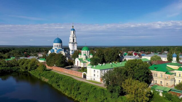 Aerial shot of Uspenskaya Tikhonova Pustyn Monastery on sunny summer day. Leo Tolstoy village, Kaluga Oblast, Russia.