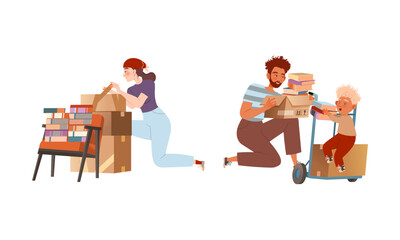 Young Male and Female with Cardboard Boxes Packing Stuff for Relocation Vector Set