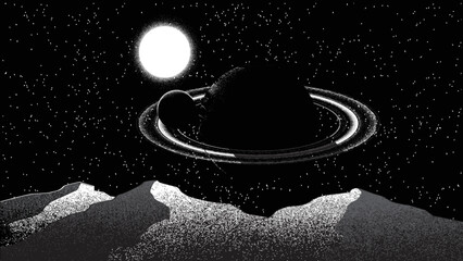 Stars and exoplanet in outer space. Futuristic landscape, with noise texture . Night landscape with starry sky .Vector illustration © miloje