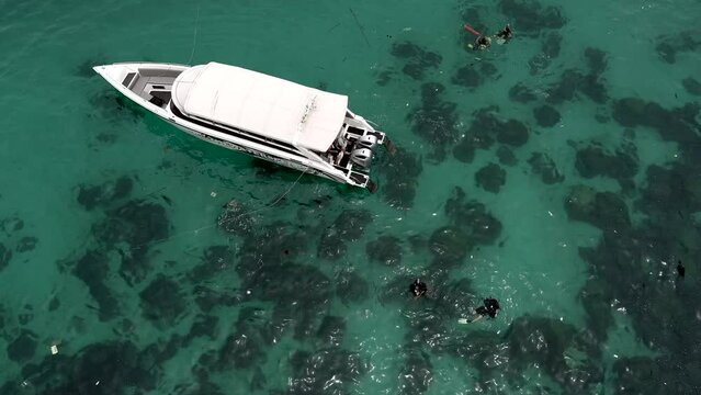 Ang Thon aerial drone film - Thaialnd of diving boat and divers in the water - clear shallow water