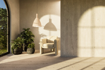Elegant living room interior with designer armchair, rattan pendant lamp, and beautiful flowers in vases. 3D rendering.
