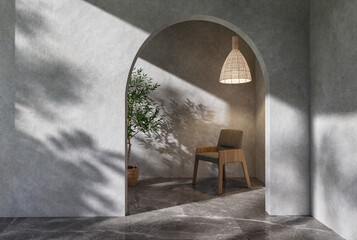 Elegant living room interior with designer chair, rattan pendant lamp. 3D rendering.