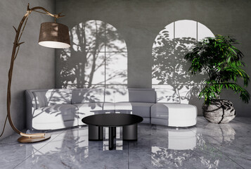 Elegant living room interior with designer lamp. 3D rendering.