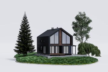 Modern house in a picturesque area on a white background. 3D illustration.