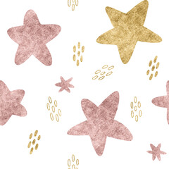 Seamless pattern with gold glitter textured stars.