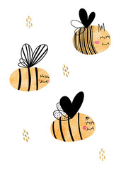 Cute bees with glitter on white