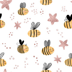 Cute bee seamless pattern on white