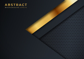 Abstract Premium Black Geometric Overlap Layers Texture Golden Effect Luxury Style on Dark Background with Copy Space