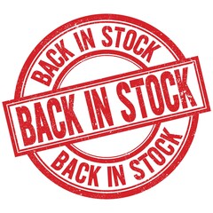 BACK IN STOCK written word on red stamp sign
