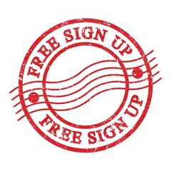 FREE SIGN UP, text written on red postal stamp.